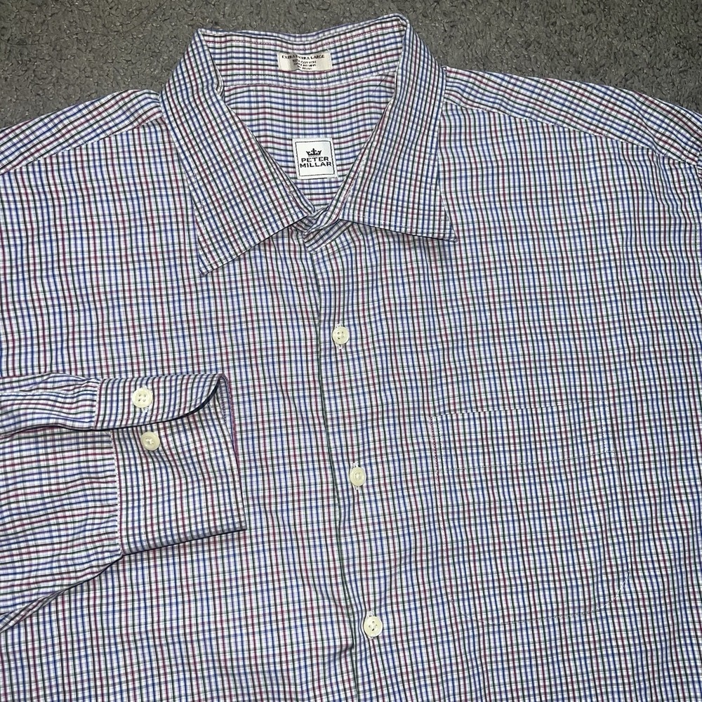 Peter Millar Dress Shirt Mens 2XL Brown Multicolor Plaid Button Down Cotton